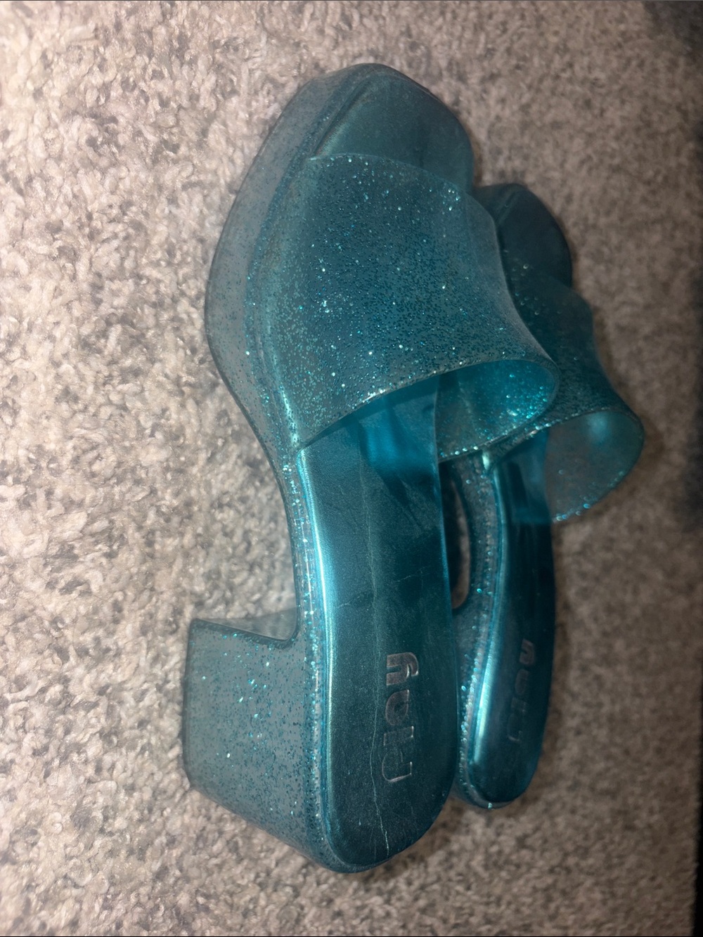 Teal Glitter Platform Slide Sandals - Women